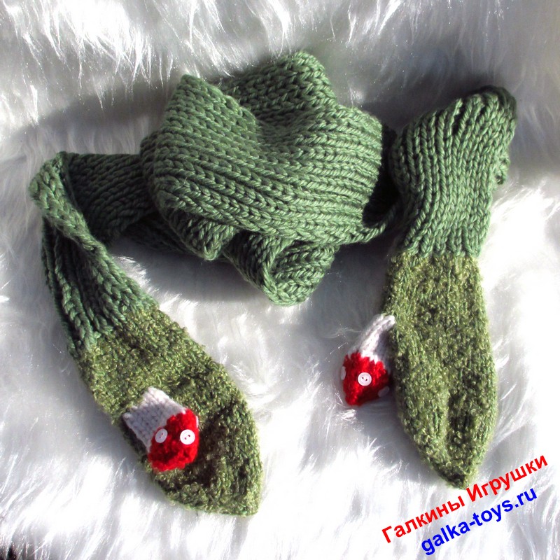 Зеленый теплый женский шарф с варежками Мухоморы взрослые непотеряшки